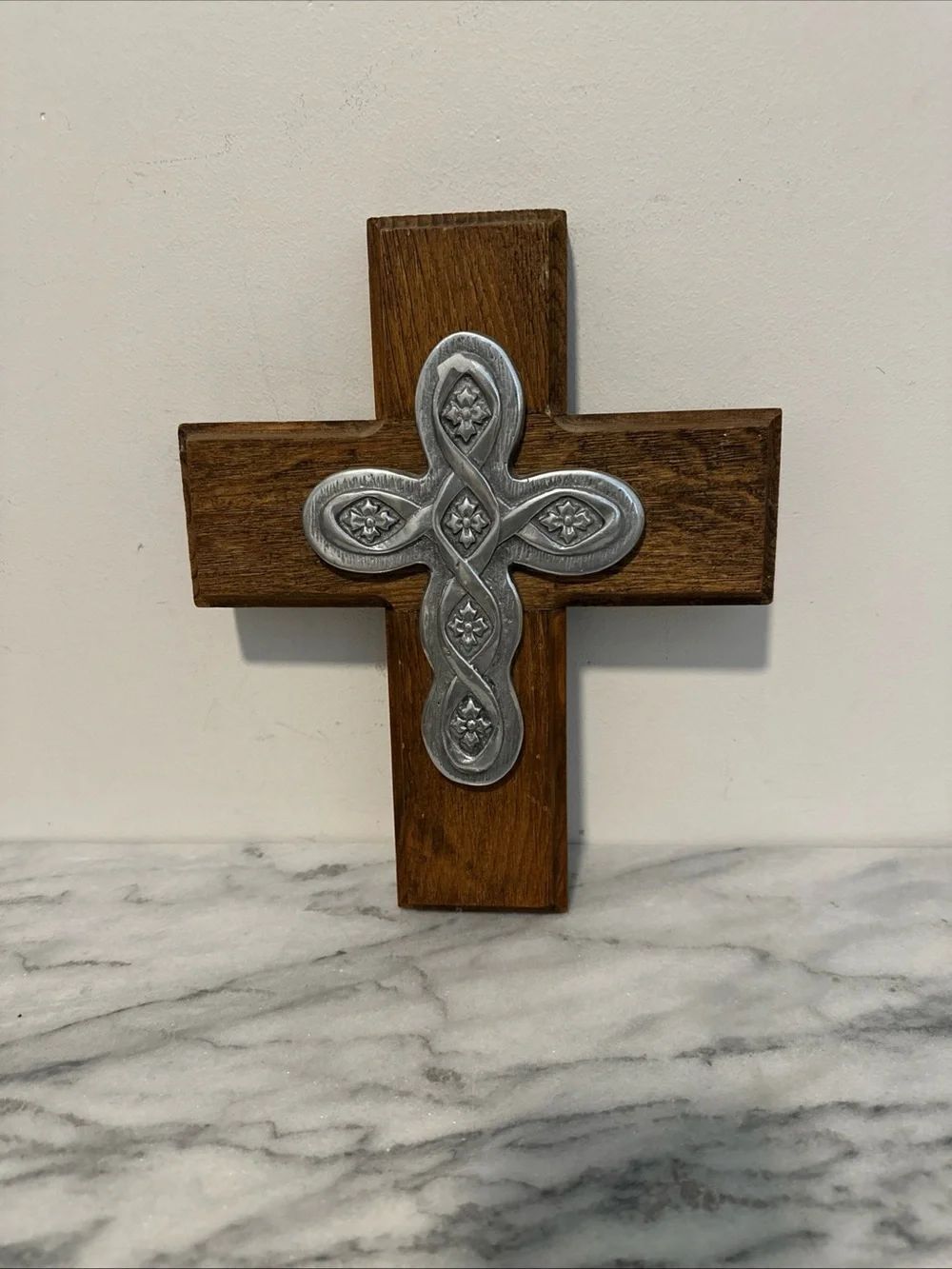 Cross pewter on wood Celtic design 12” tall